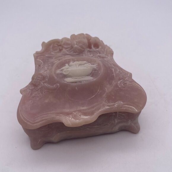 Vintage Genuine INCOLAY STONE Jewelry Trinket Box Pink Birds Bath 4.5" A9 - Picture 2 of 13